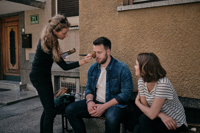 Makeup artist during makeup for Slovenian short film.